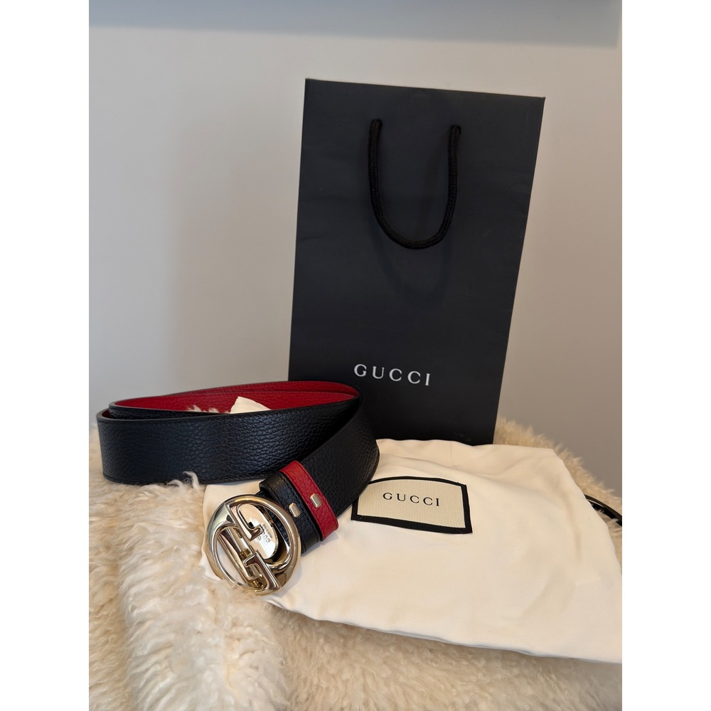 Gucci Reversible Leather Belt Interlocking G Buckle Black Red NWT